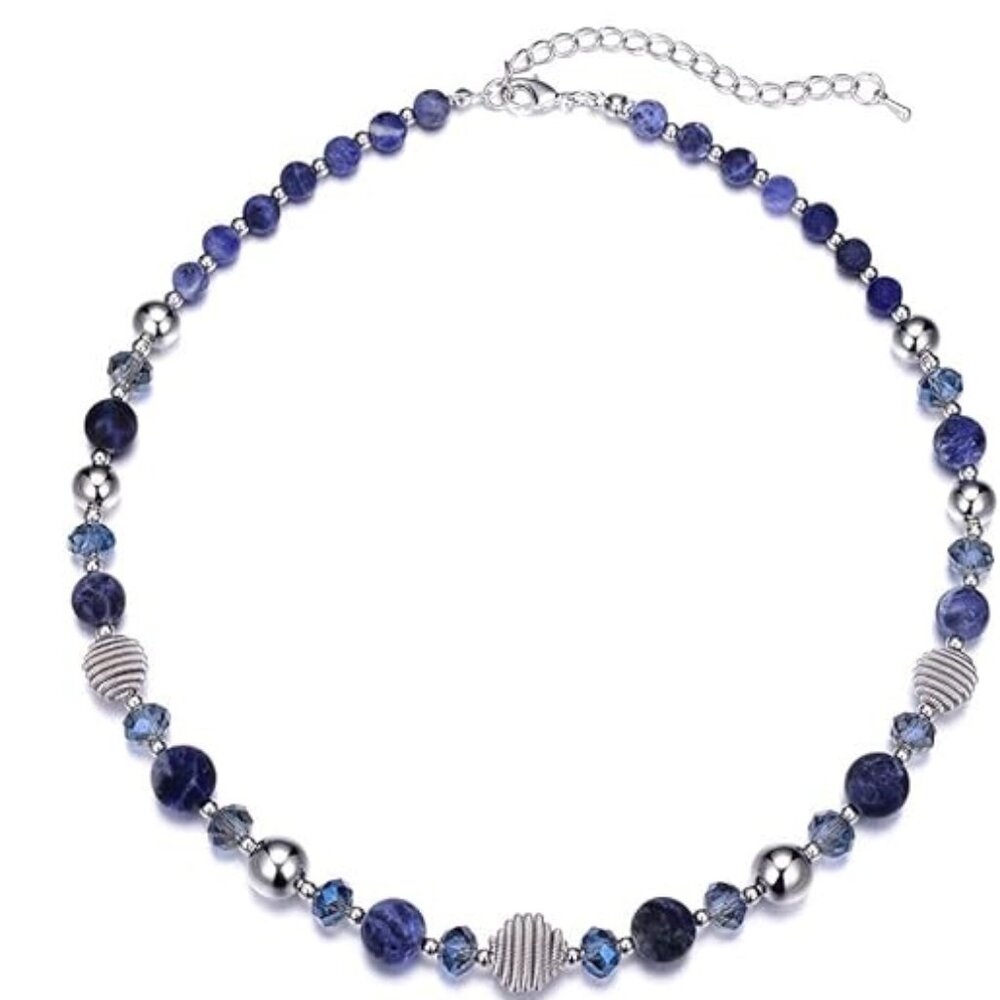 43-Navy Blue Beaded Strand Pearl Choker Necklace